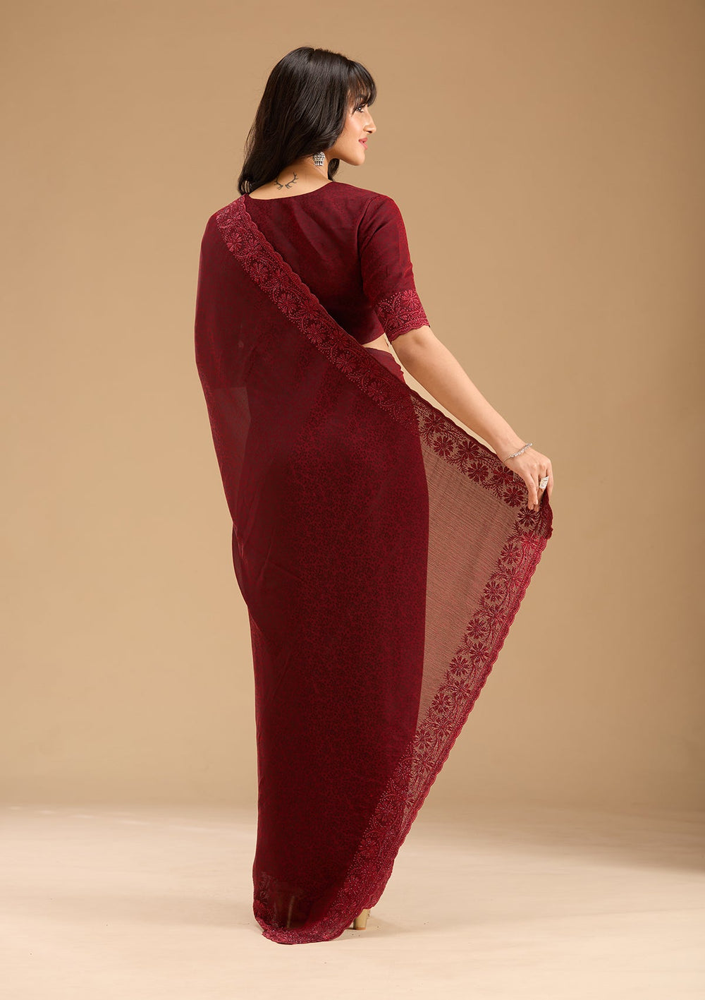 Dark Maroon Threadwork Chiffon Saree-Koskii