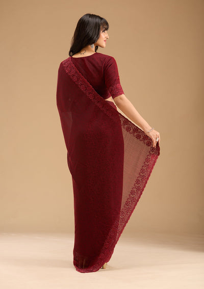 Dark Maroon Threadwork Chiffon Saree-Koskii