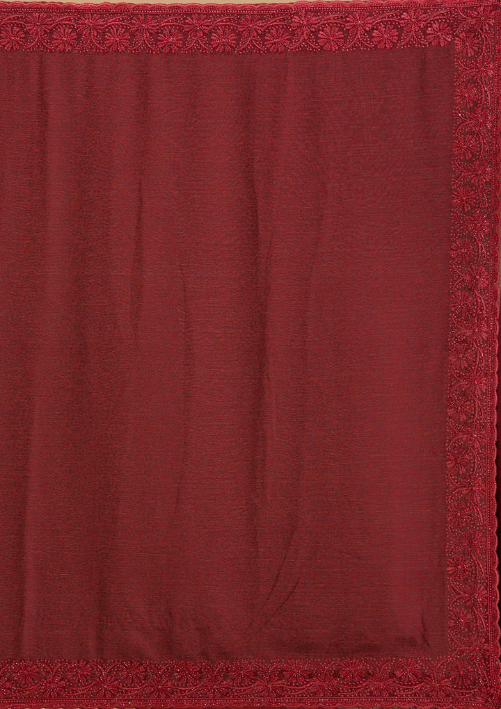 Dark Maroon Threadwork Chiffon Saree-Koskii