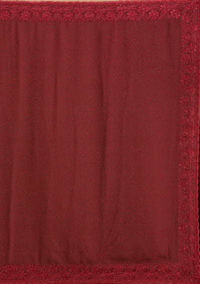Dark Maroon Threadwork Chiffon Saree-Koskii