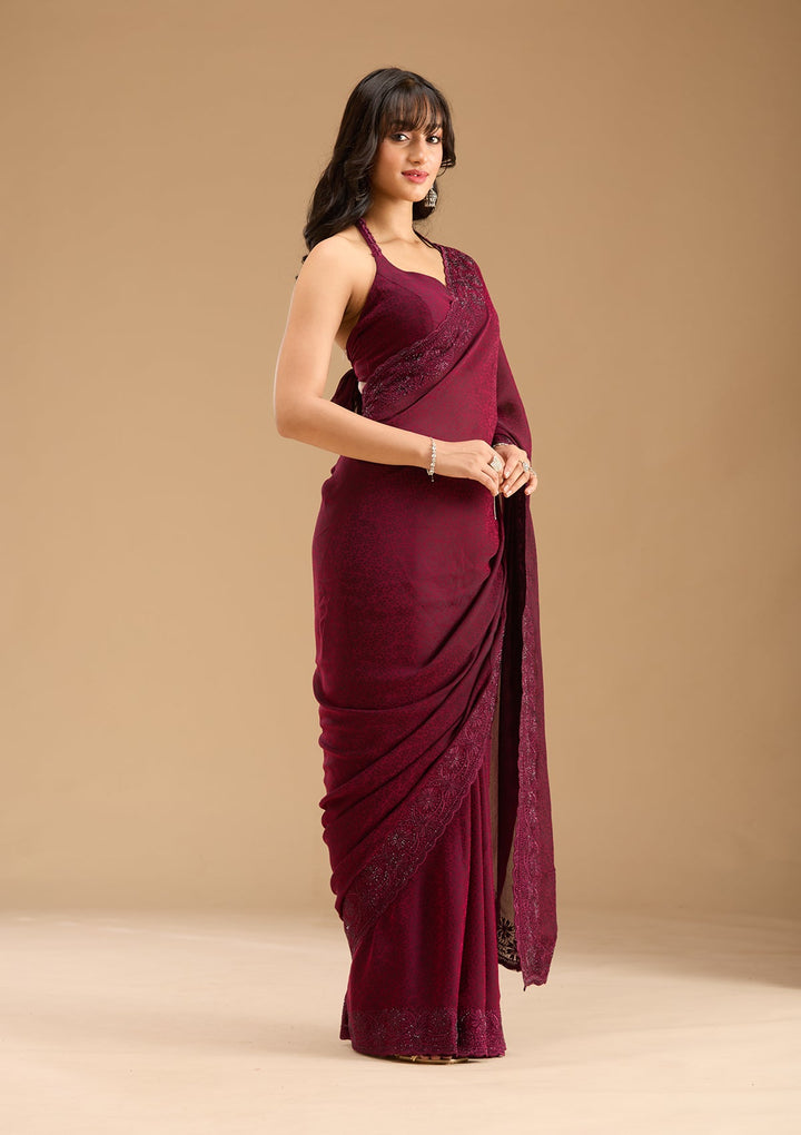 Purple Threadwork Chiffon Saree-Koskii