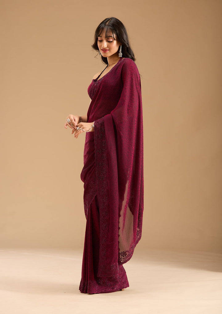 Purple Threadwork Chiffon Saree-Koskii