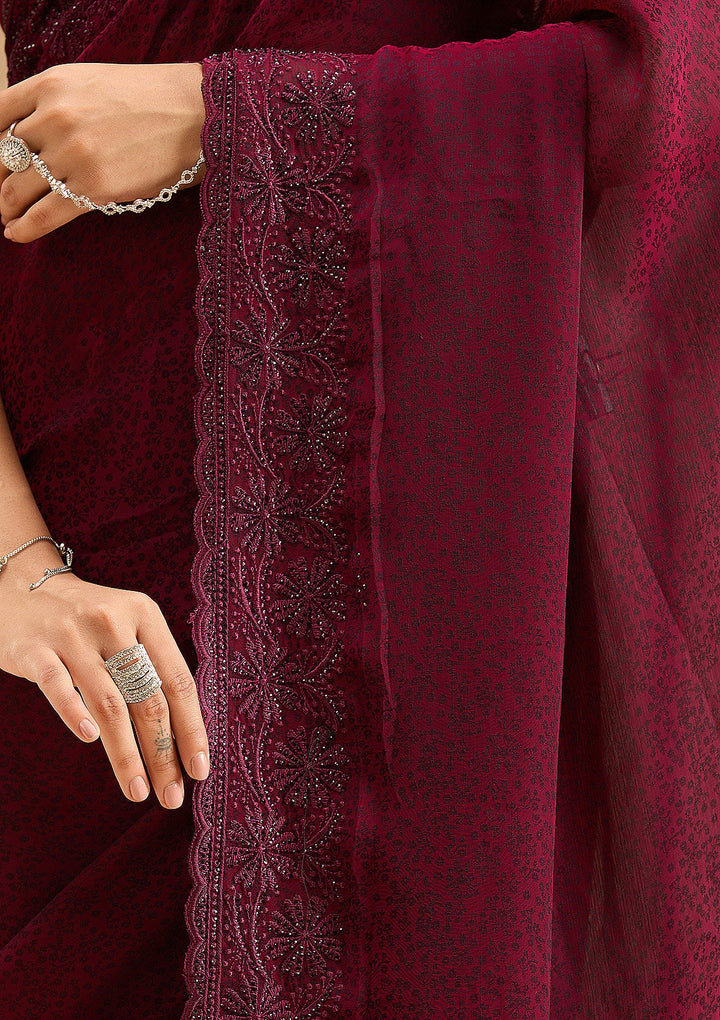 Purple Threadwork Chiffon Saree-Koskii