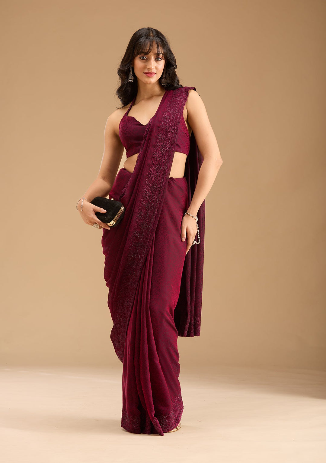 Purple Threadwork Chiffon Saree-Koskii