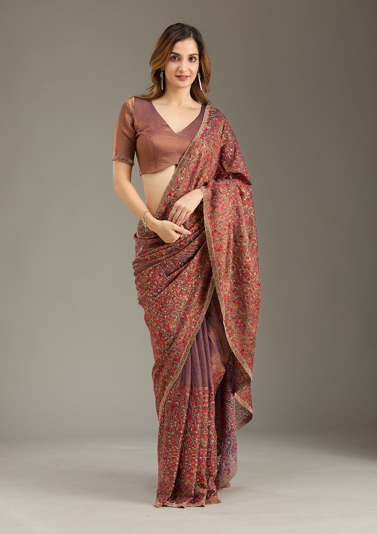 Copper Kashmiri Tissue Saree-Koskii