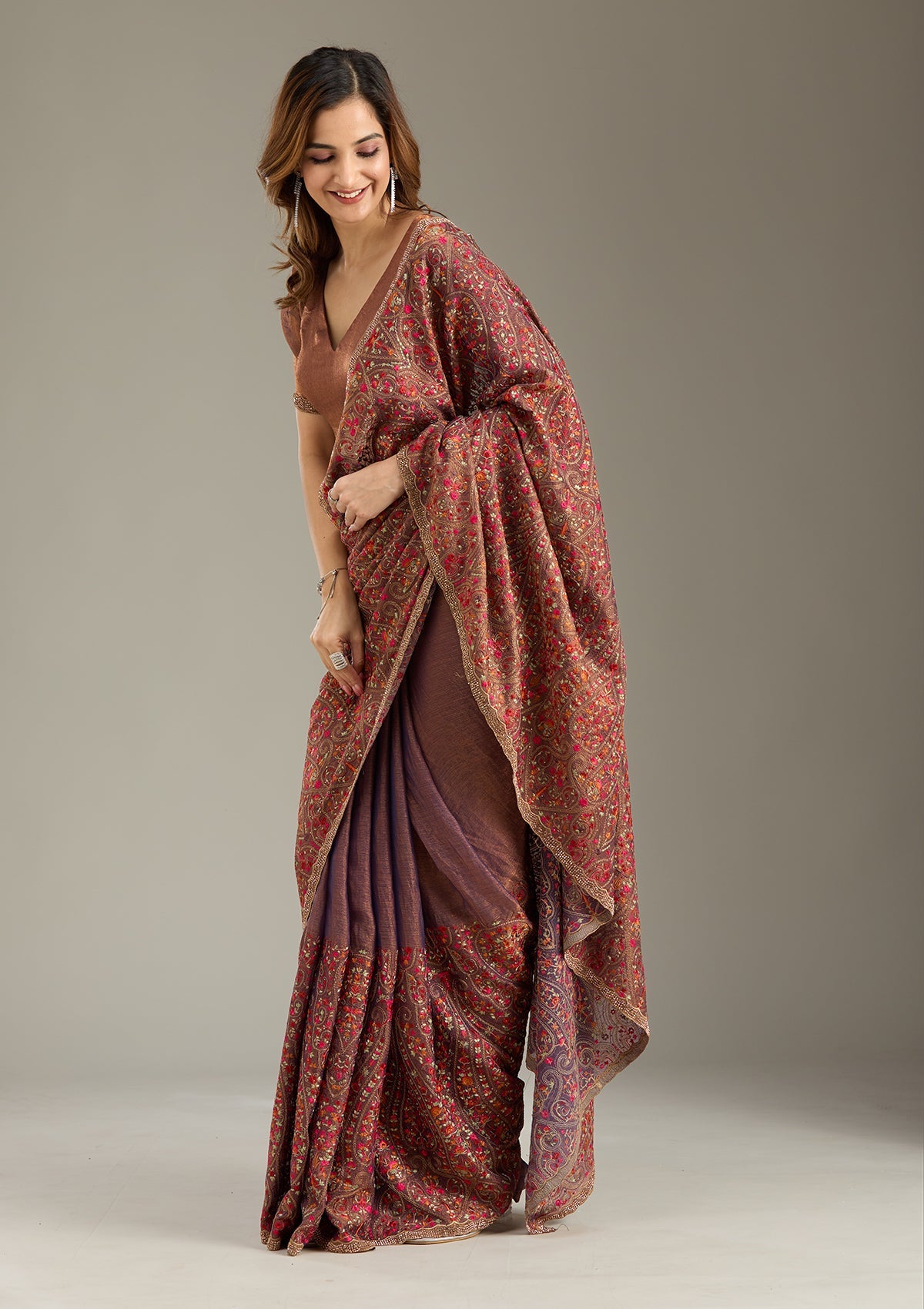 Copper Kashmiri Tissue Saree-Koskii