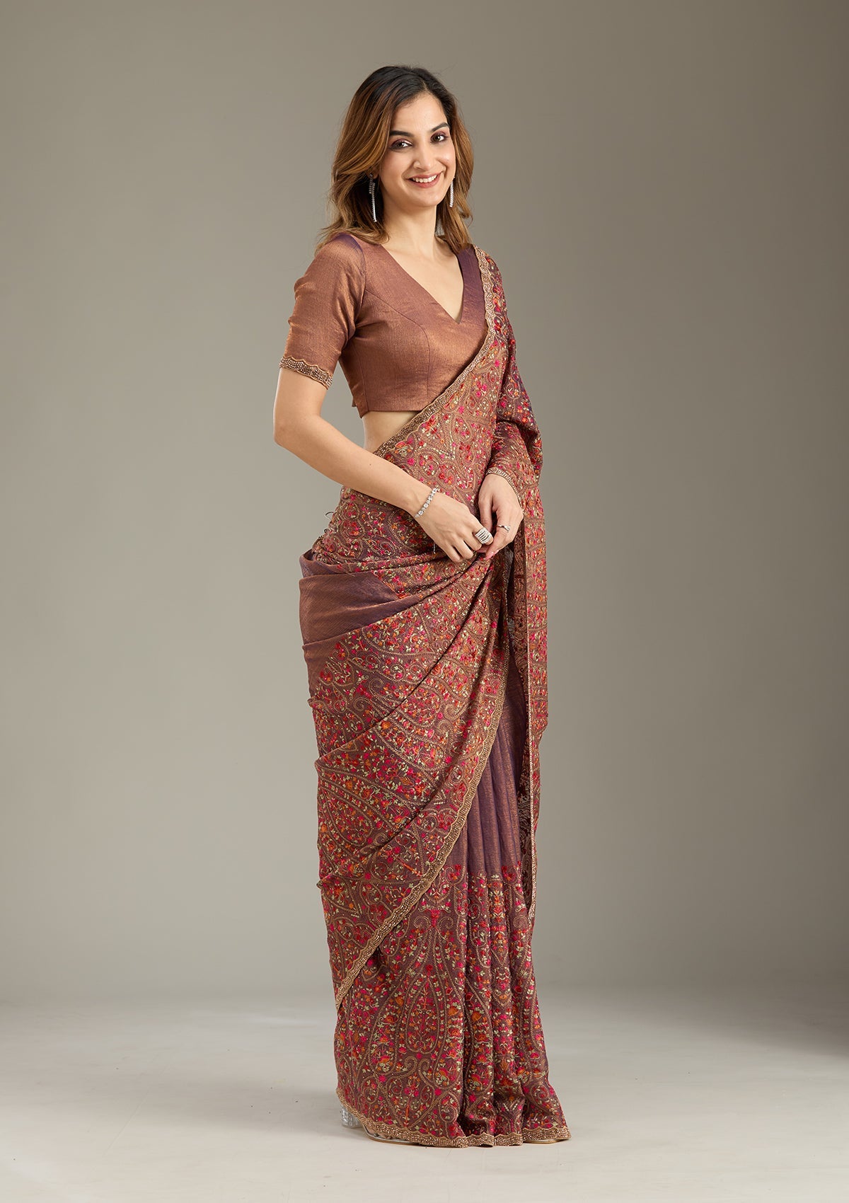 Copper Kashmiri Tissue Saree-Koskii