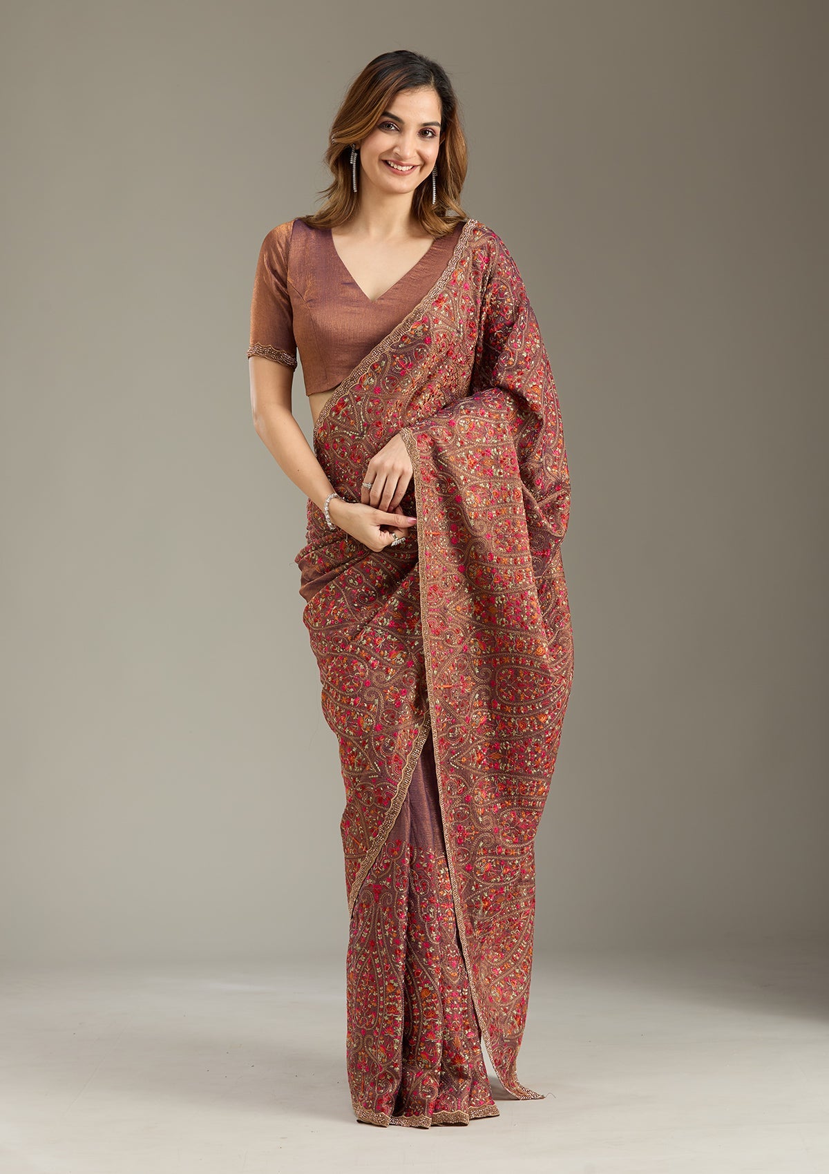 Copper Kashmiri Tissue Saree-Koskii