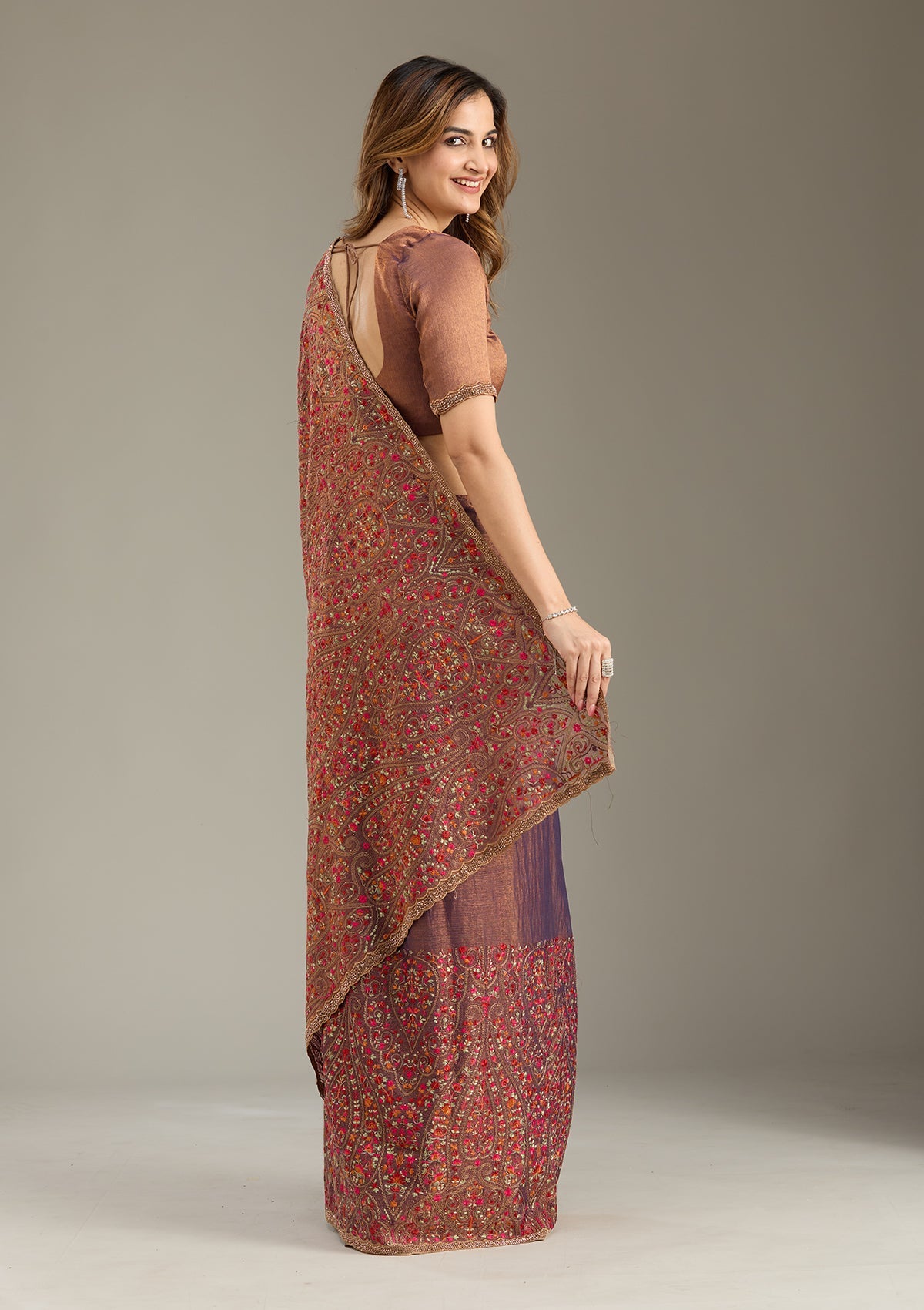 Copper Kashmiri Tissue Saree-Koskii