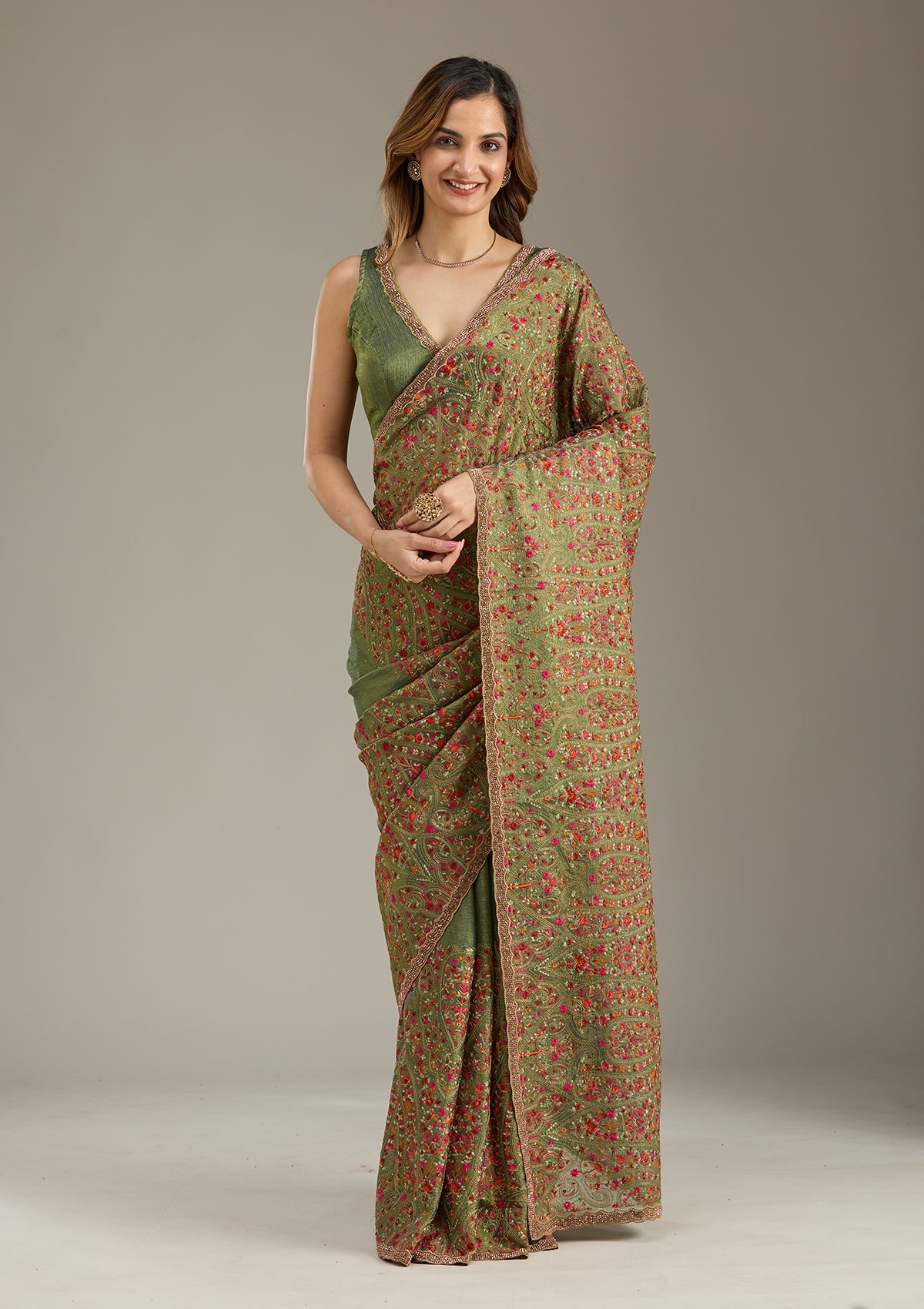 Green Kashmiri Tissue Saree-Koskii