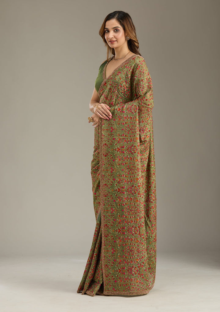 Green Kashmiri Tissue Saree-Koskii