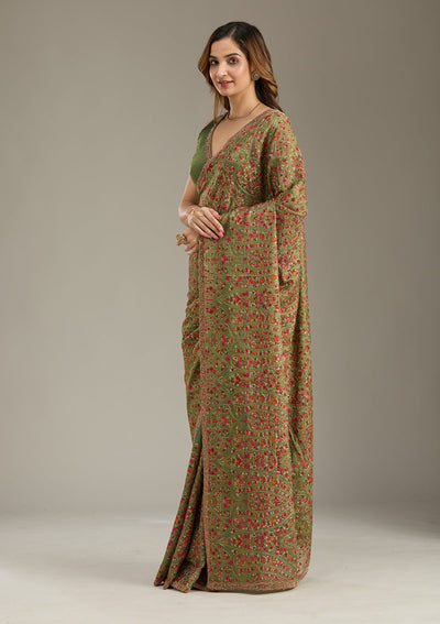 Green Kashmiri Tissue Saree-Koskii