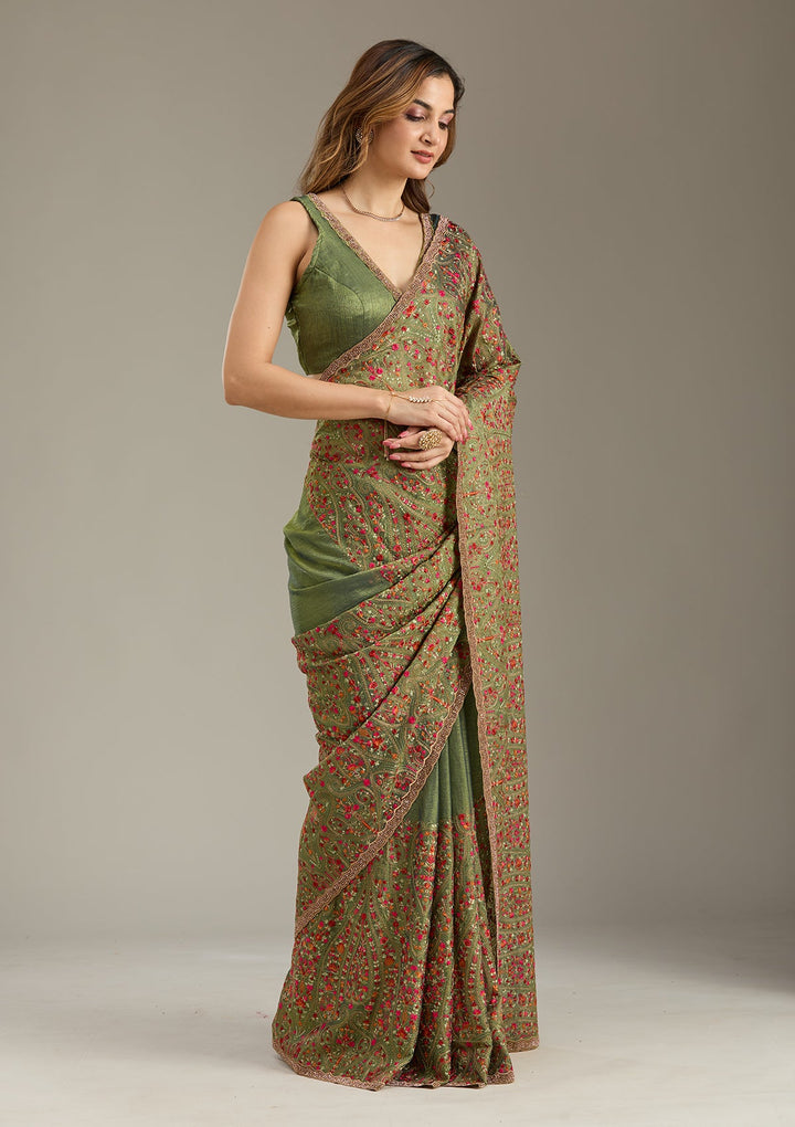 Green Kashmiri Tissue Saree-Koskii