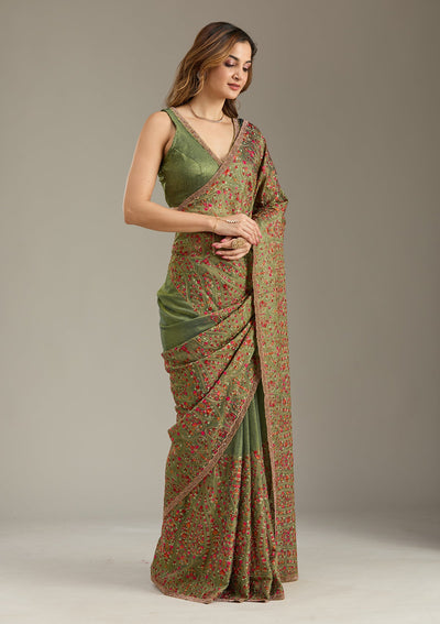 Green Kashmiri Tissue Saree-Koskii