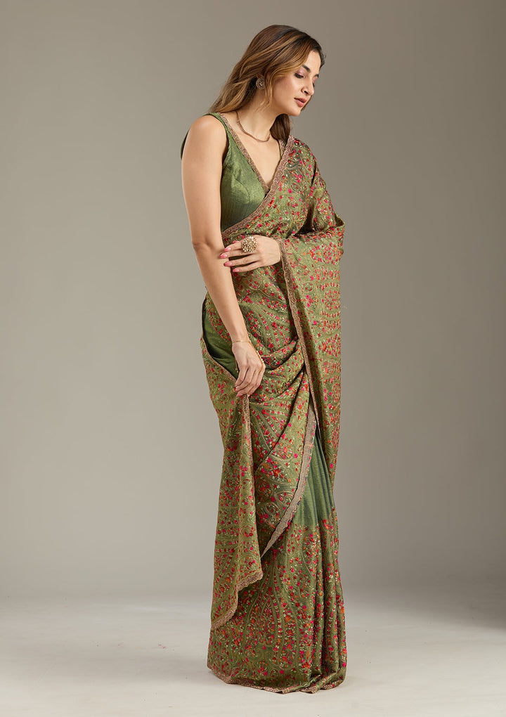Green Kashmiri Tissue Saree-Koskii