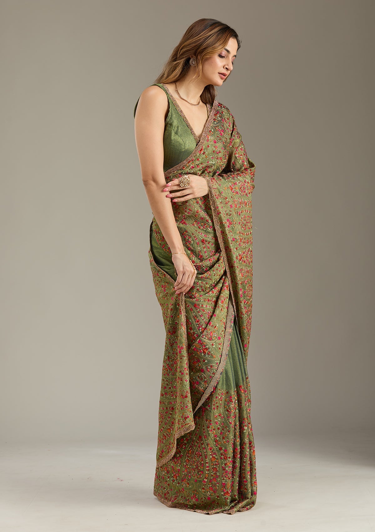 Green Kashmiri Tissue Saree-Koskii