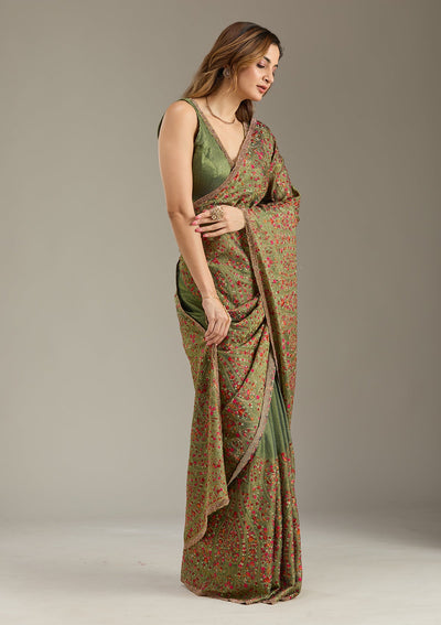 Green Kashmiri Tissue Saree-Koskii