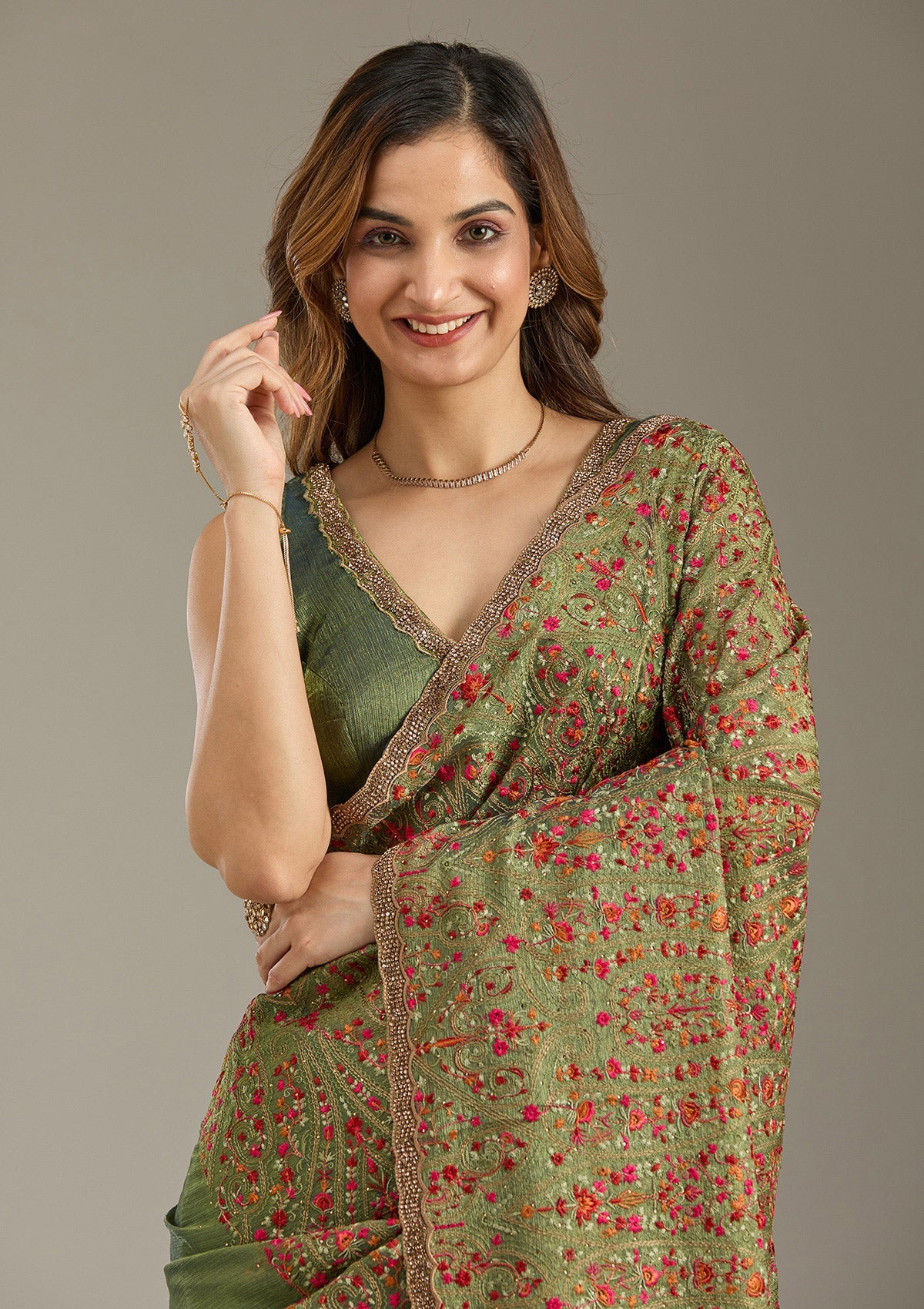 Green Kashmiri Tissue Saree-Koskii