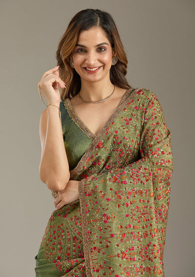 Green Kashmiri Tissue Saree-Koskii