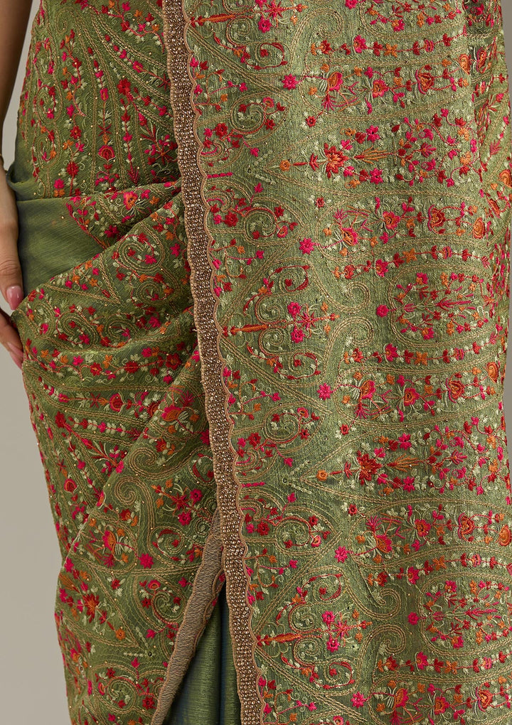 Green Kashmiri Tissue Saree-Koskii