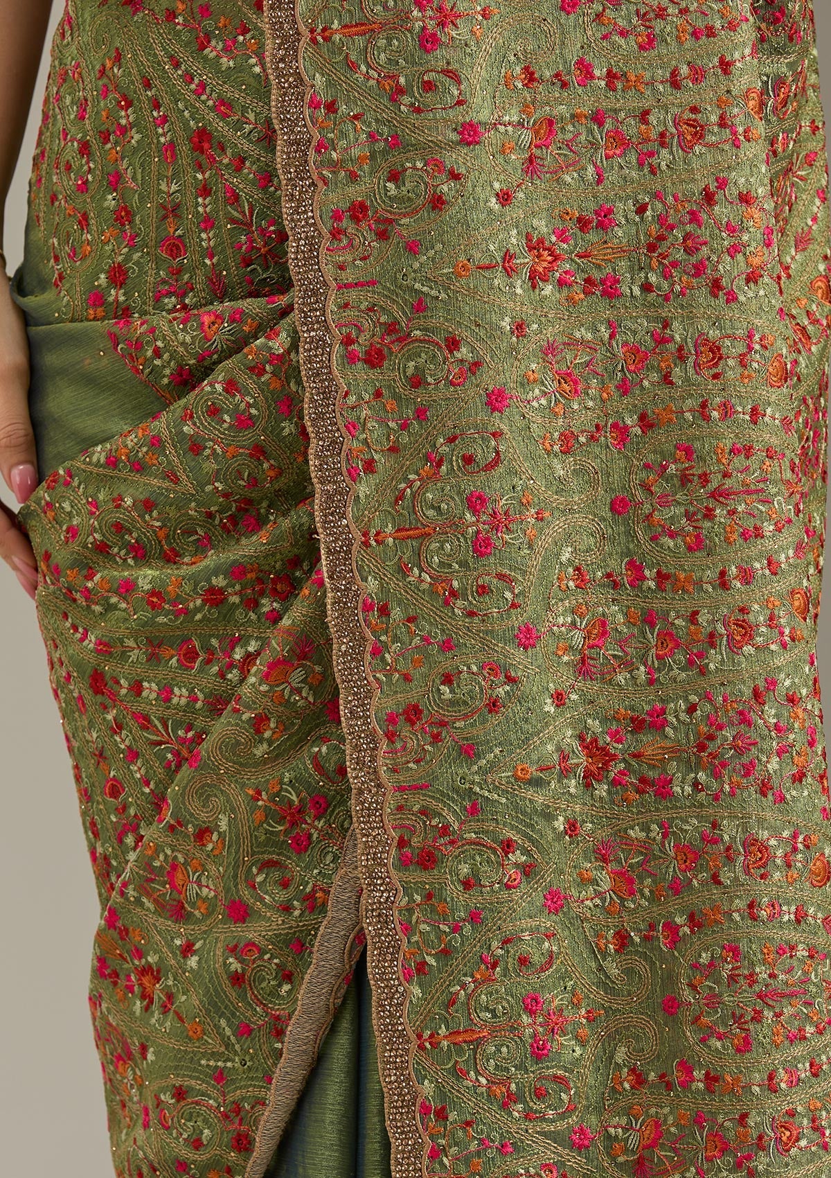 Green Kashmiri Tissue Saree-Koskii