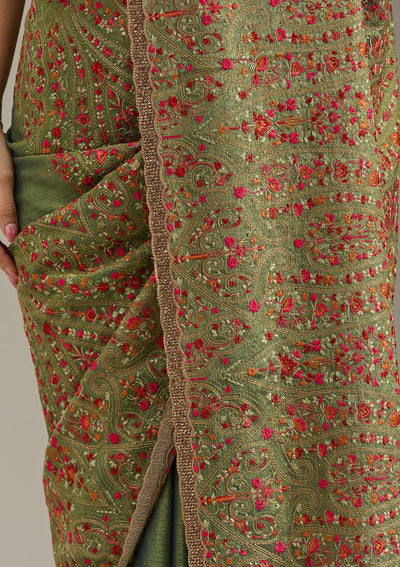 Green Kashmiri Tissue Saree-Koskii