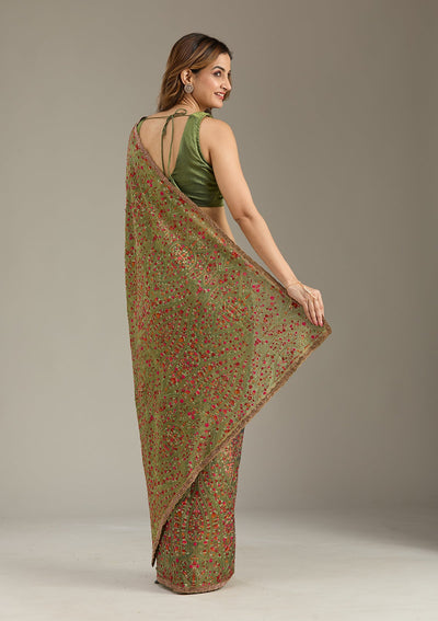 Green Kashmiri Tissue Saree-Koskii