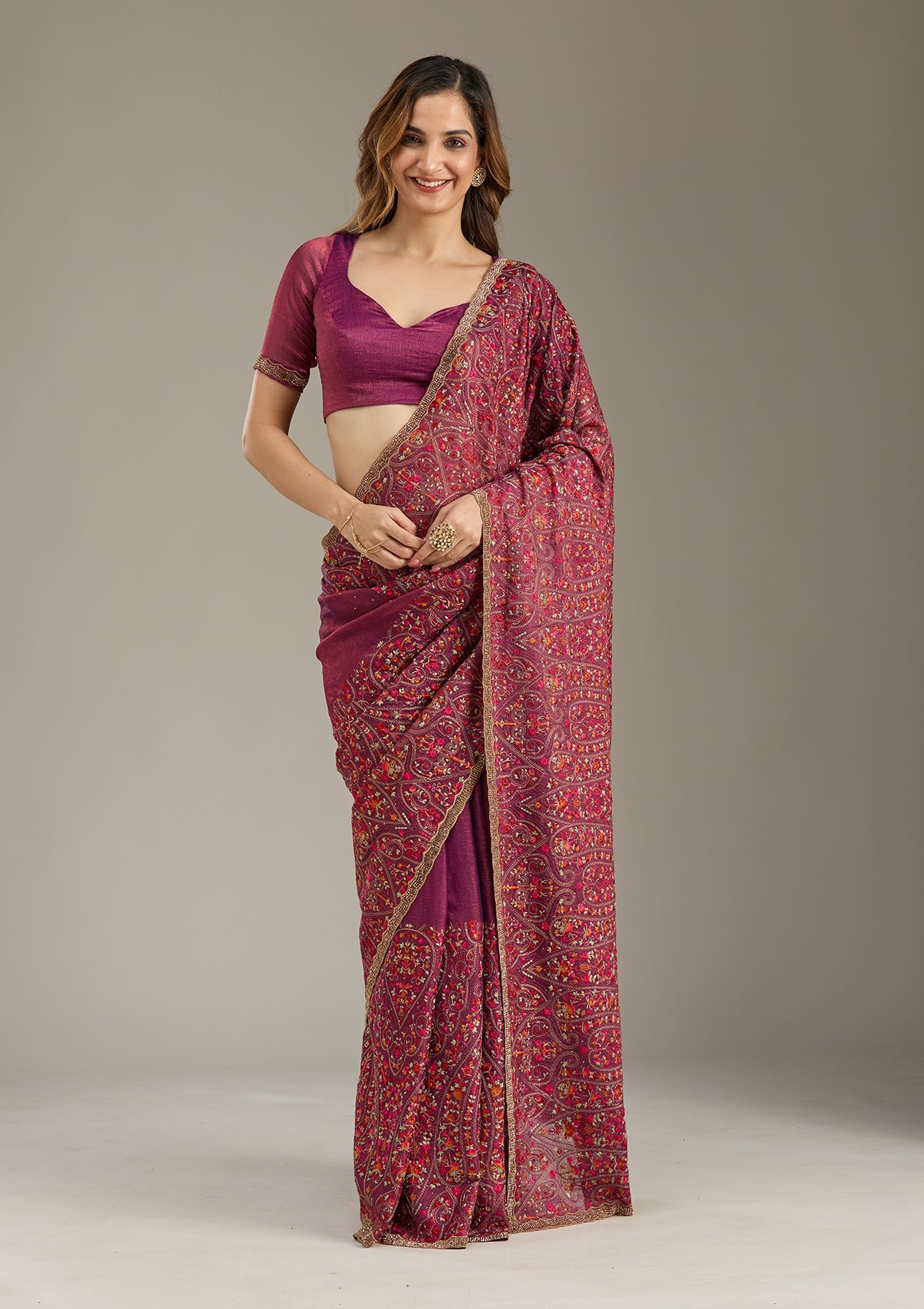 Wine Kashmiri Tissue Saree-Koskii