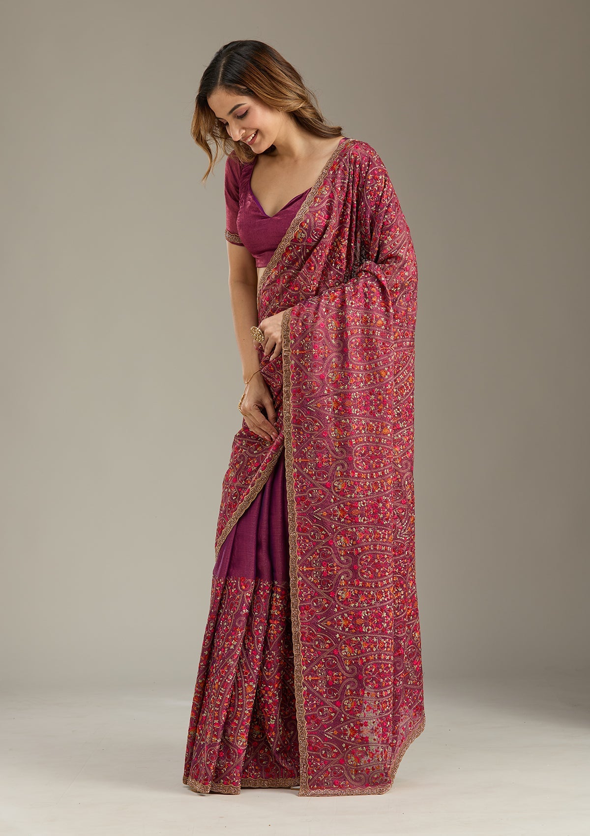 Wine Kashmiri Tissue Saree-Koskii