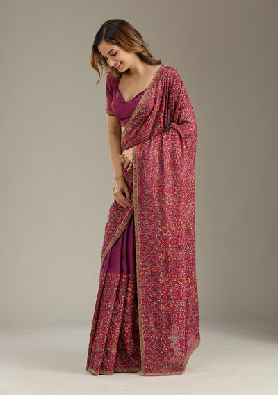 Wine Kashmiri Tissue Saree-Koskii