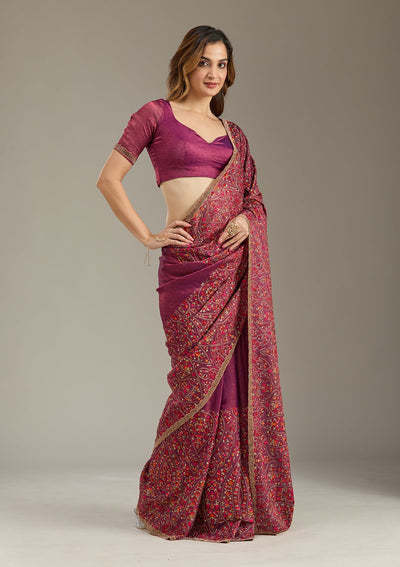 Wine Kashmiri Tissue Saree-Koskii