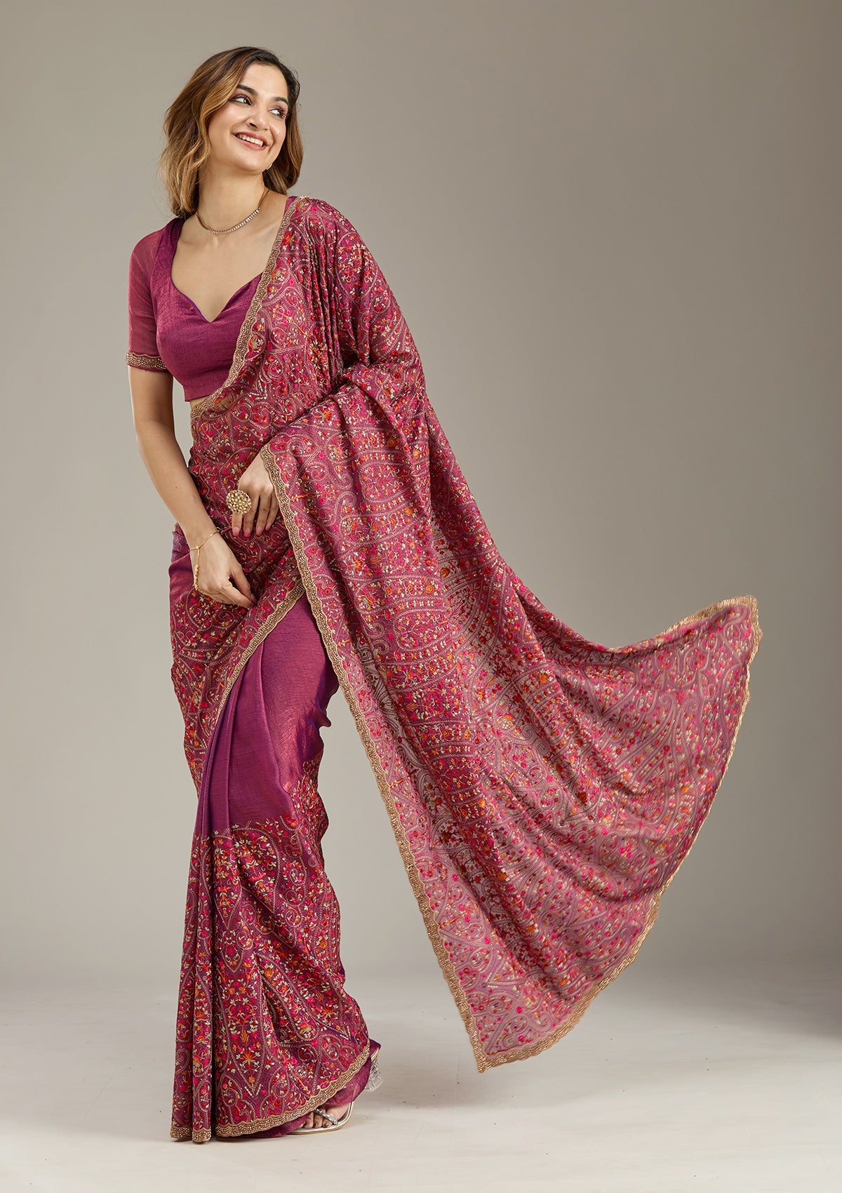 Wine Kashmiri Tissue Saree-Koskii