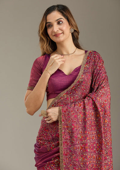 Wine Kashmiri Tissue Saree-Koskii