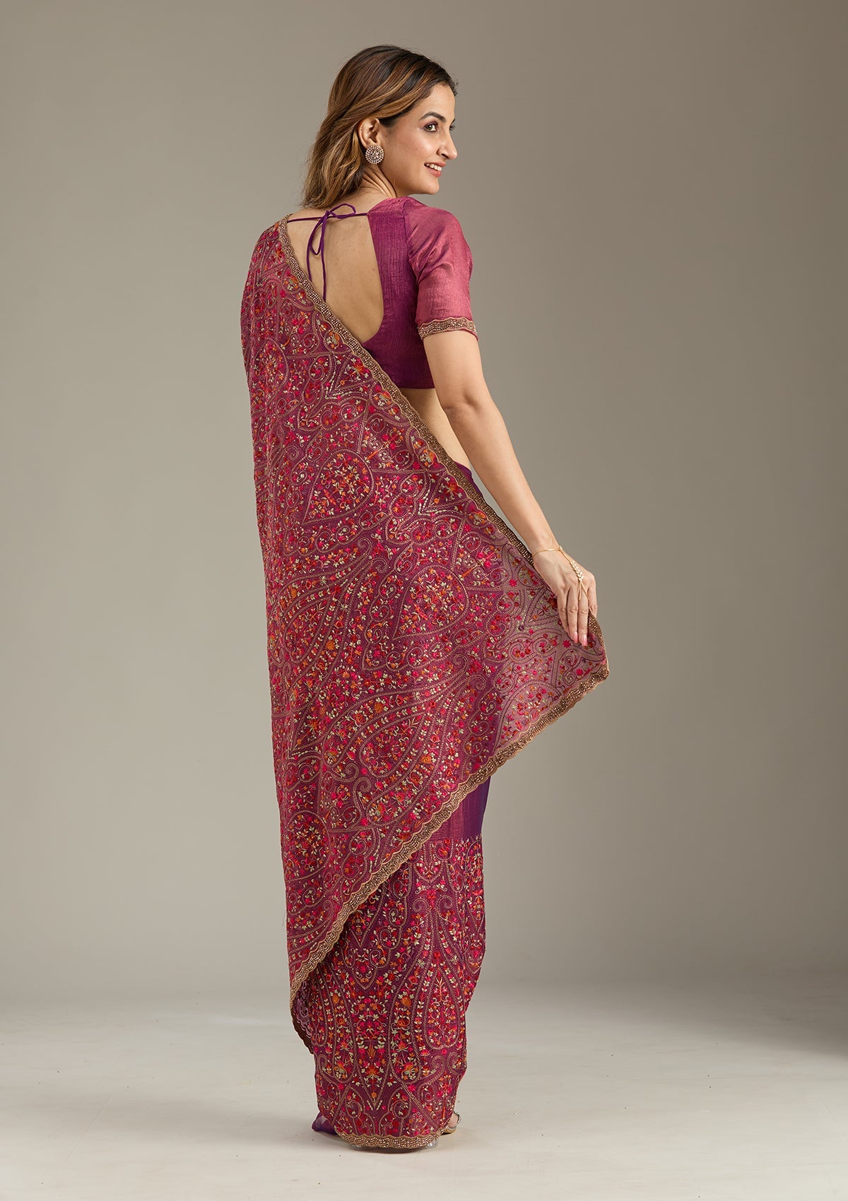 Wine Kashmiri Tissue Saree-Koskii