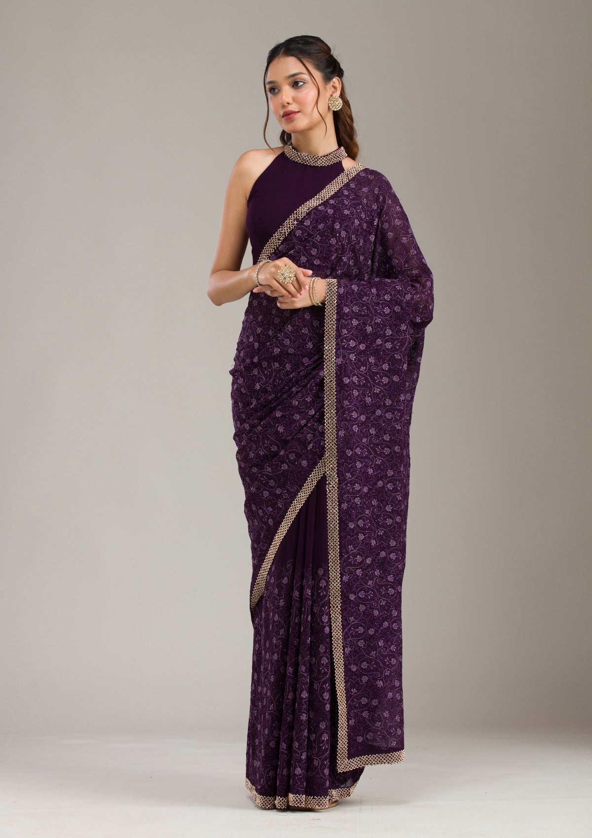 Dark Lavender Zariwork (Gold) Tissue Readymade Salwar Suit-koskii