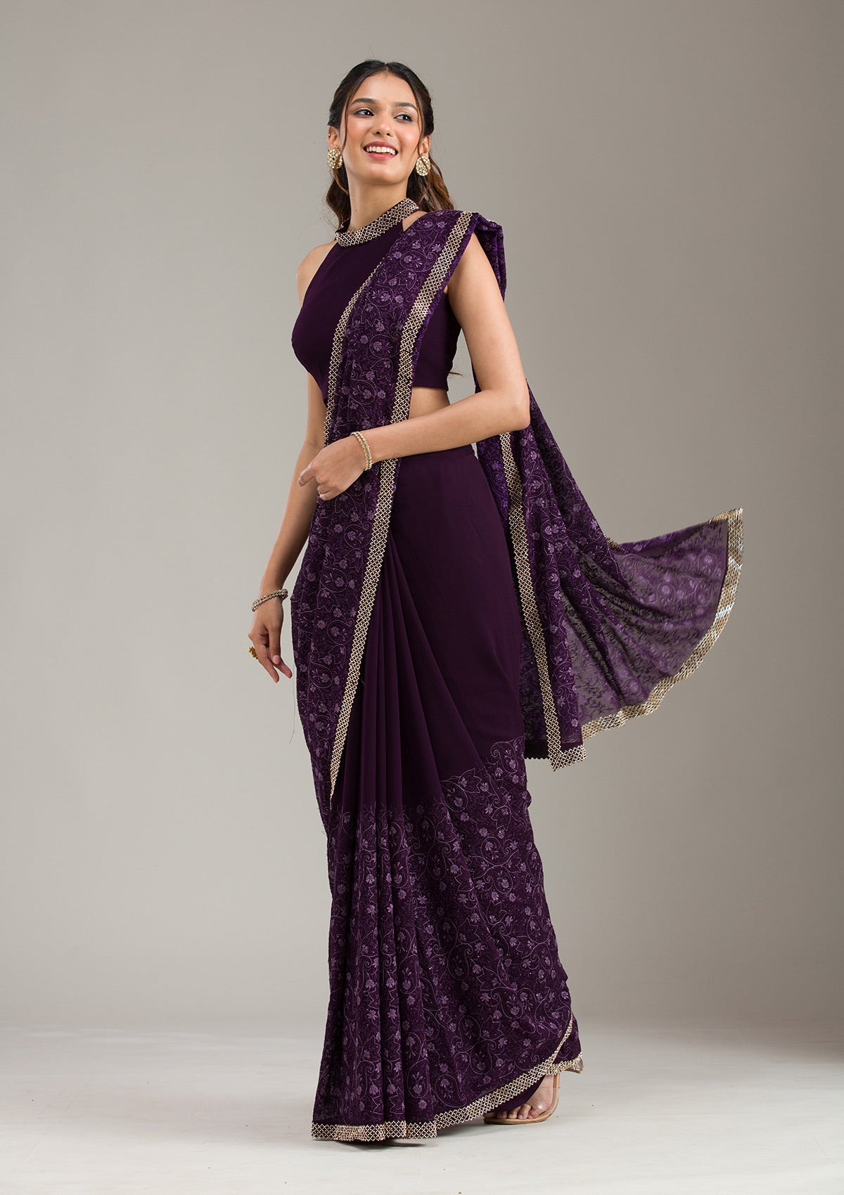 Dark Lavender Zariwork (Gold) Tissue Readymade Salwar Suit-koskii