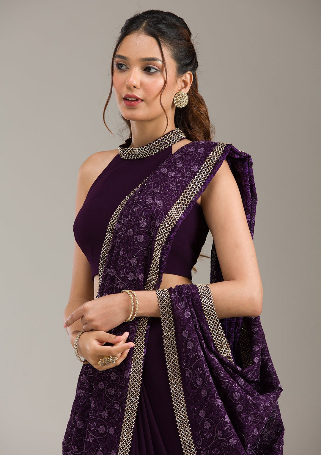 Dark Lavender Zariwork (Gold) Tissue Readymade Salwar Suit-koskii