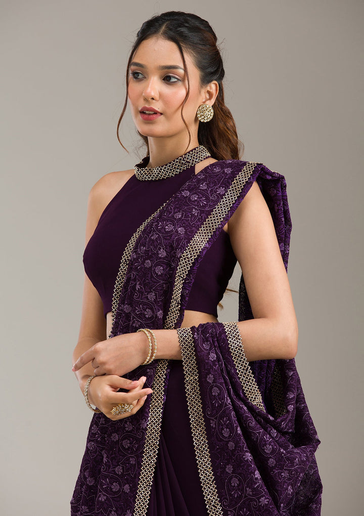 Dark Lavender Zariwork (Gold) Tissue Readymade Salwar Suit-koskii