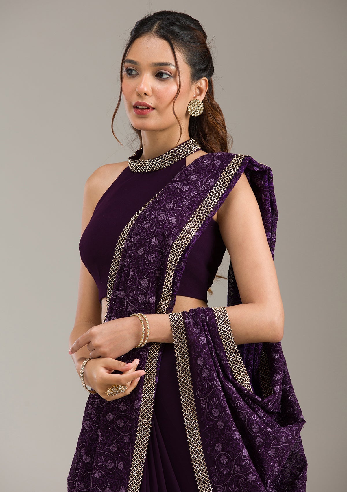 Dark Lavender Zariwork (Gold) Tissue Readymade Salwar Suit-koskii