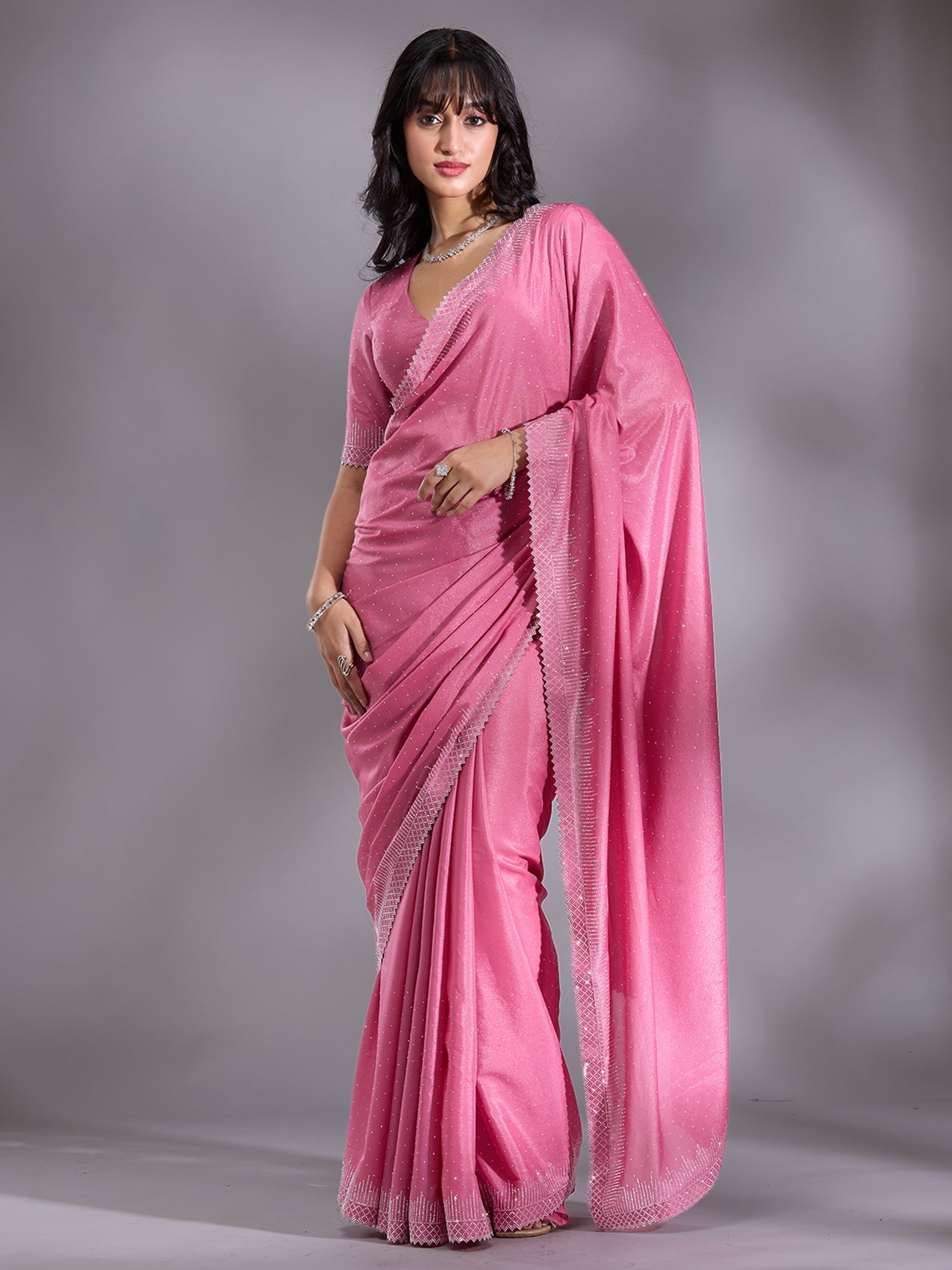 Pink Stonework (Silver) Satin Saree-Koskii