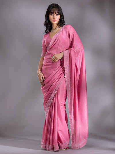 Pink Stonework (Silver) Satin Saree-Koskii