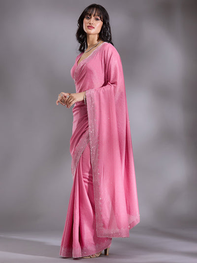 Pink Stonework (Silver) Satin Saree-Koskii