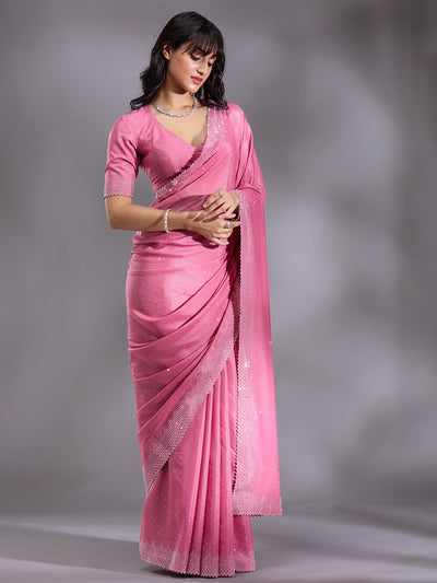 Pink Stonework (Silver) Satin Saree-Koskii
