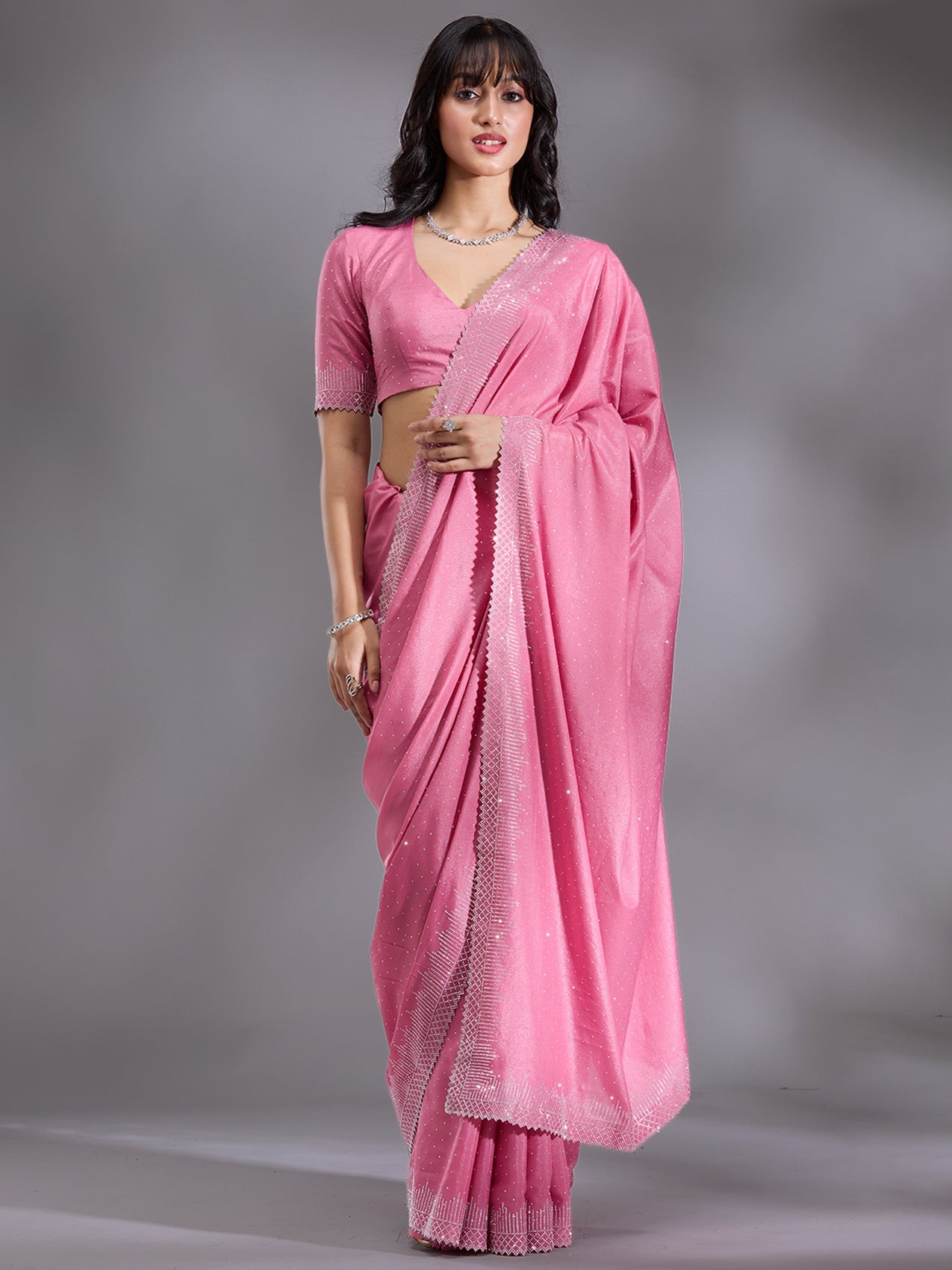 Pink Stonework (Silver) Satin Saree-Koskii