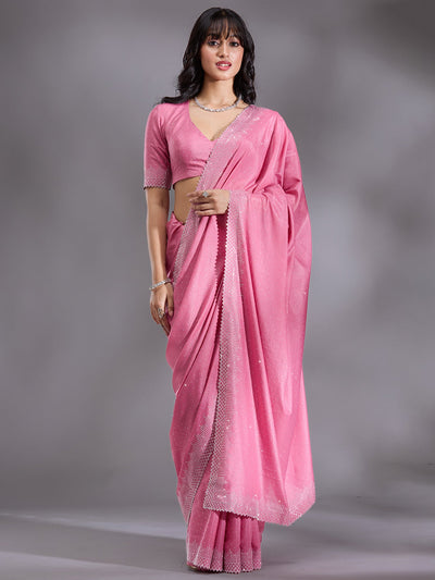 Pink Stonework (Silver) Satin Saree-Koskii