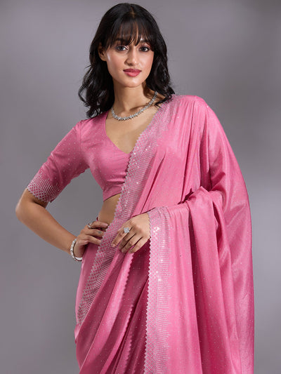 Pink Stonework (Silver) Satin Saree-Koskii