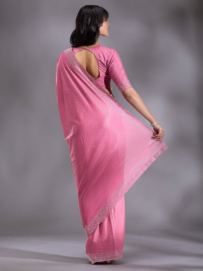 Pink Stonework (Silver) Satin Saree-Koskii