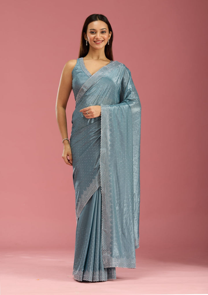 Teal Green Stonework (Silver) Satin Saree-Koskii
