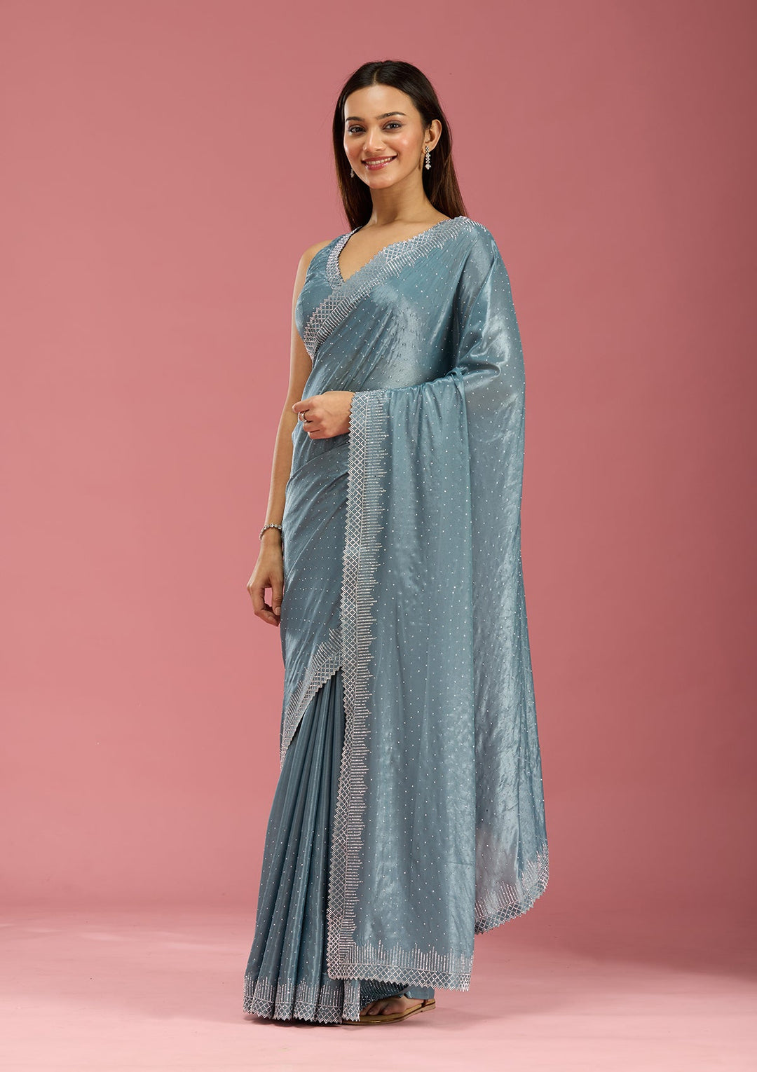 Teal Green Stonework (Silver) Satin Saree-Koskii