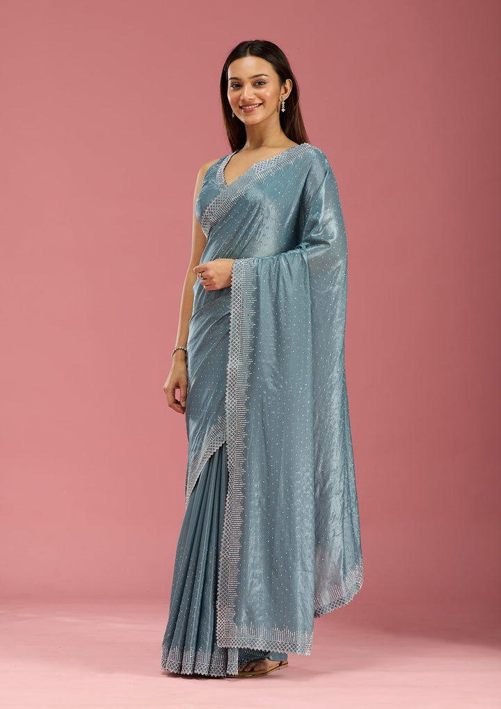 Teal Green Stonework (Silver) Satin Saree-Koskii